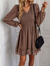 Hollow Solid Ruffles A-line V-neck Elastic Waist Mini Dress